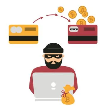 Hacker, laptop and bitcoin cryptocurrency robbery Stock Illustration