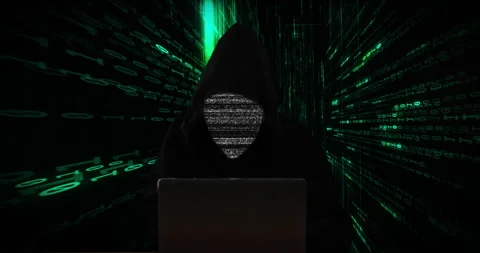 Hacker, laptop and coding hologram with data transfer for binary code Stock Footage 284309035