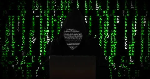 Hacker, laptop and glitch of coding language for data transfer, binary code and Stockbeeldmateriaal 284308700