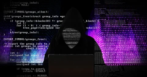 Hacker, laptop and overlay of coding language for data transfer, binary code and Stockbeeldmateriaal 284309934