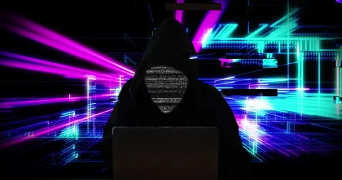 Hacker, laptop and programming with cyber glitch at night for virtual attack, AI Stock Footage 284309435
