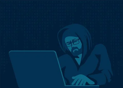 A hacker with a laptop breaks a computer code. Vector illustration. Stock-Illustration