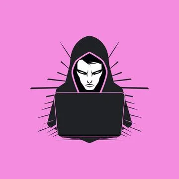 Hacker with laptop computer on pink background 스톡 일러스트