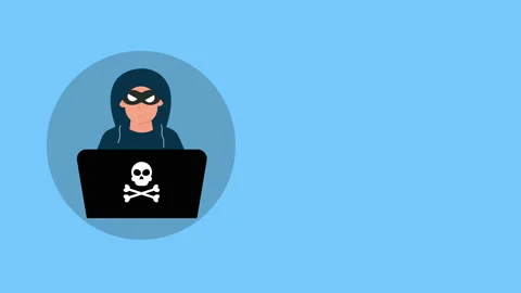 Hacker with laptop computer stealing confidential data Stock Footage 230149501