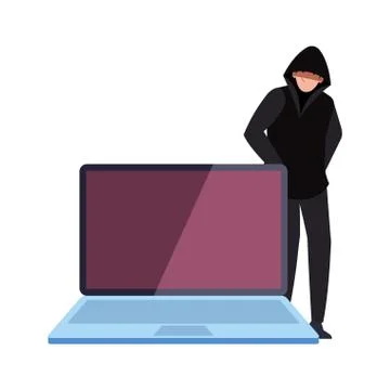 Hacker with laptop computer on white background 库存插图