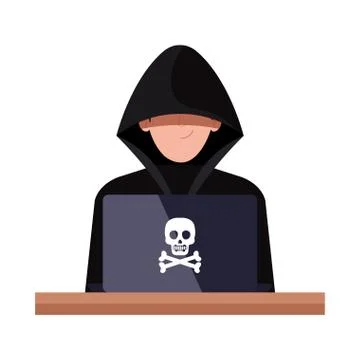 Hacker with laptop computer on white background 스톡 일러스트
