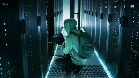 Hacker With Laptop Connects to Rack Server and  Steals Information from Corpo Foto stock
