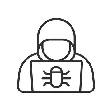 Hacker laptop icon in line design. hacker, laptop, bug, cyber, attack, malware Illustrazione stock
