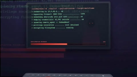 Hacker Laptop Screen Showing Ransomware Attack and Data Exfiltration Progress Видео 341457192