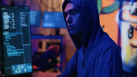 Hacker launching DDoS attack from HQ Stock Photos
