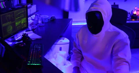 Hacker with LED Mask Working On Computers Stock Footage 260447793