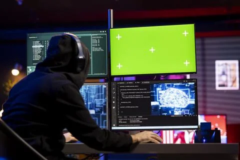 Hacker listening music using mockup PC to launch phishing attacks Stock Photos