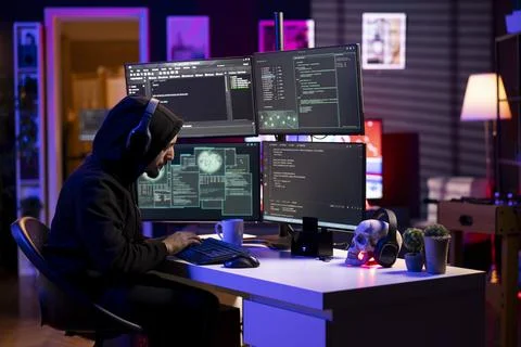 Hacker listening music while using ransomware attacks Stock Photos