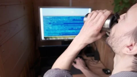 Hacker looks on rapid flow information big data, freelancer working home Stock-Footage 130494432