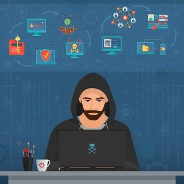 Hacker man hacking secret data on the laptop. Icon set. Modern transperance flat Stockillustratie