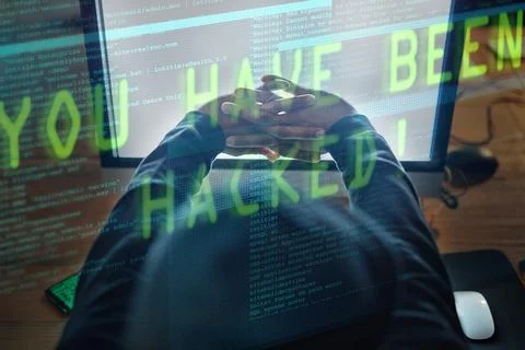 Hacker, man hands and computer screen for software hacking, coding or Stock Photos