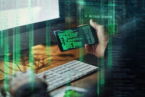 Hacker, man hands and phone screen for software malware, code access and Stock Photos