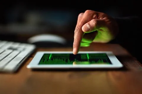 Hacker, man hands and tablet screen for software data, crack code or password Stock Photos