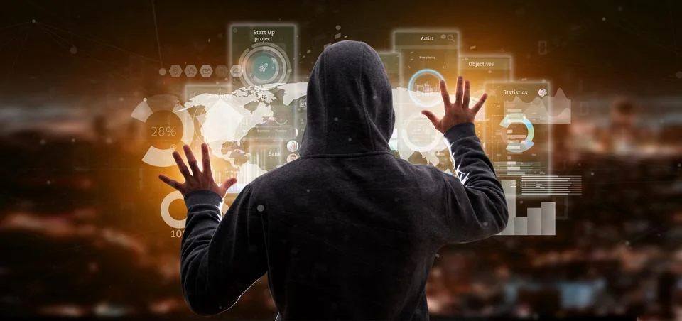 Hacker man holding User interface screens with icon, stats and data 3d rend.. Stock Photos