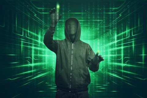 Hacker man with vendetta mask hacking binary system security code Stock Photos