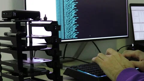A hacker man writes the azure code for an attack. Program a virus with your c Stock Footage 144051258
