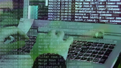 A hacker man writes the blue code for an attack. Program a virus with your co Stock Footage 144254989