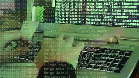 A hacker man writes the green code for an attack. Program a virus with your c Stock Footage 144126144