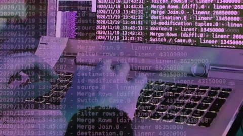 A hacker man writes the pink code for an attack. Program a virus with your co Stock Footage 144254858