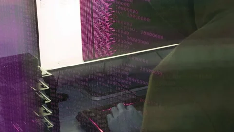 A hacker man writes the pink code for an attack. Program a virus with your co Stock Footage 145691636