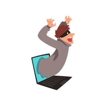Hacker in Mask Getting Out of Laptop Screen, Internet Crime, Computer Security Stockillustratie