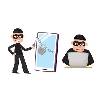 Hacker in mask hacking laptop computer and phone Stockillustratie