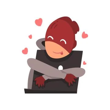 Hacker in Mask Hugging Laptop, Internet Crime, Computer Security Technology 스톡 일러스트