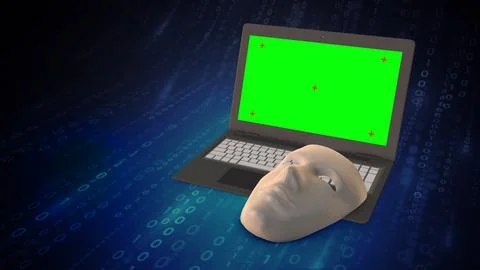 Hacker mask on laptop with chroma screen for cyber security concept Stock-Illustration