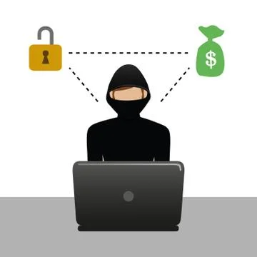 Hacker in the mask with laptop think about money Stockillustratie