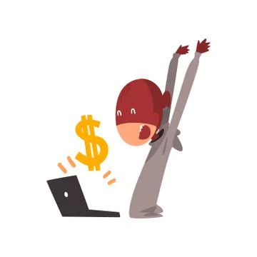 Hacker in Mask Stealing Money Using Laptop, Internet Crime, Computer Security Stock Illustration