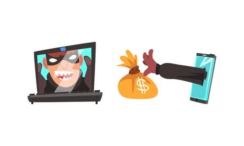 Hacker in Mask Stealing Money Using Laptop Vector Set Illustrazione stock