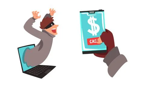 Hacker in Mask Stealing Money Using Laptop Vector Set Stock Illustration