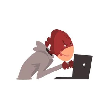 Hacker in Mask Trying Hack System Using Laptop, Internet Crime, Computer イラスト素材