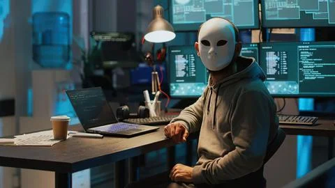 Hacker with mask working at futuristic tech desk Stock Photos