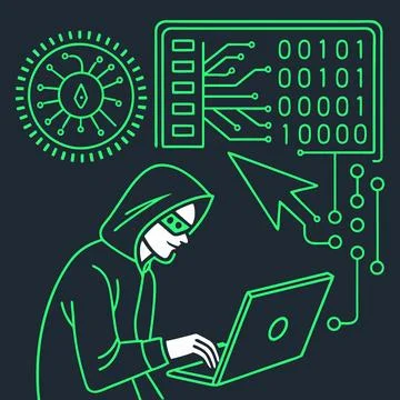 Hacker Motifs Vector , Neon Green Icons on Dark Backgrounds for Cybersecuri.. Stock Illustration