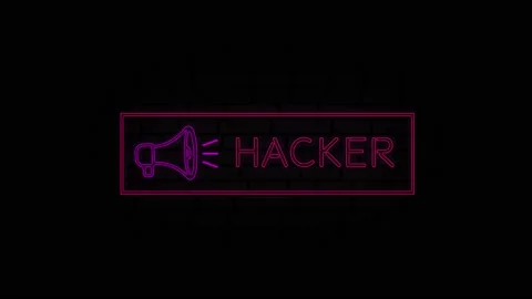Hacker neon sign in a frame with a megaphone on a black background. Animation Stock Footage 164336818