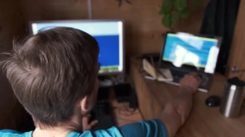 Hacker or programmer controls rapid flow of information of big data Видео 130494290