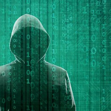 Hacker over Abstract Digital Background with Elements of Binary Code and Stock Photos
