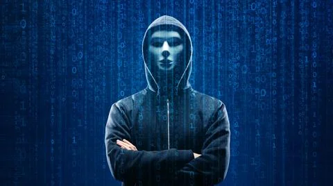Hacker over Abstract Digital Background with Elements of Binary Code and Stock Photos