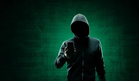 Hacker over Abstract Digital Background with Elements of Binary Code and Stock Photos