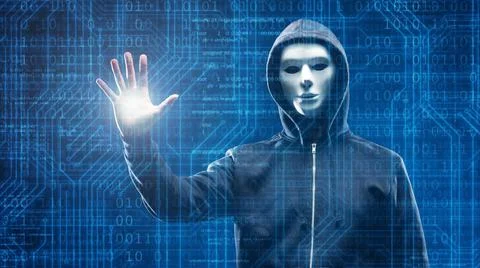 Hacker over Abstract Digital Background with Elements of Binary Code and Stock Photos