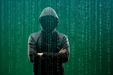 Hacker over Abstract Digital Background with Elements of Binary Code and Stock Photos