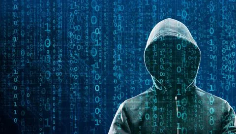 Hacker over Abstract Digital Background with Elements of Binary Code and Stock Photos