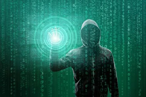 Hacker over Abstract Digital Background with Elements of Binary Code and Stock Photos
