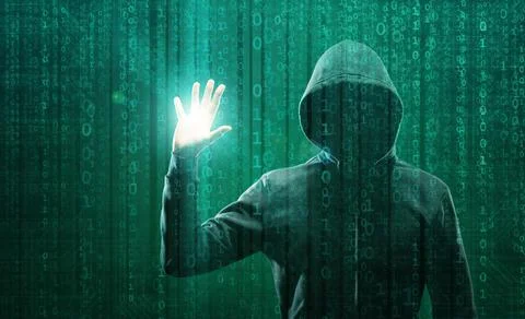 Hacker over Abstract Digital Background with Elements of Binary Code and Stock Photos